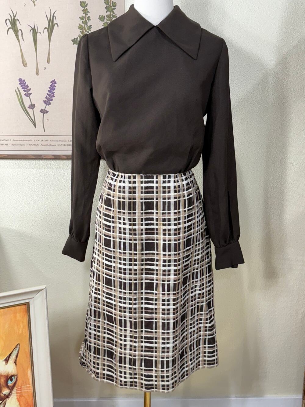 Vintage 60s 70s Brown Collared Plaid Dress Twee Academia Heritage Old Preppy XS